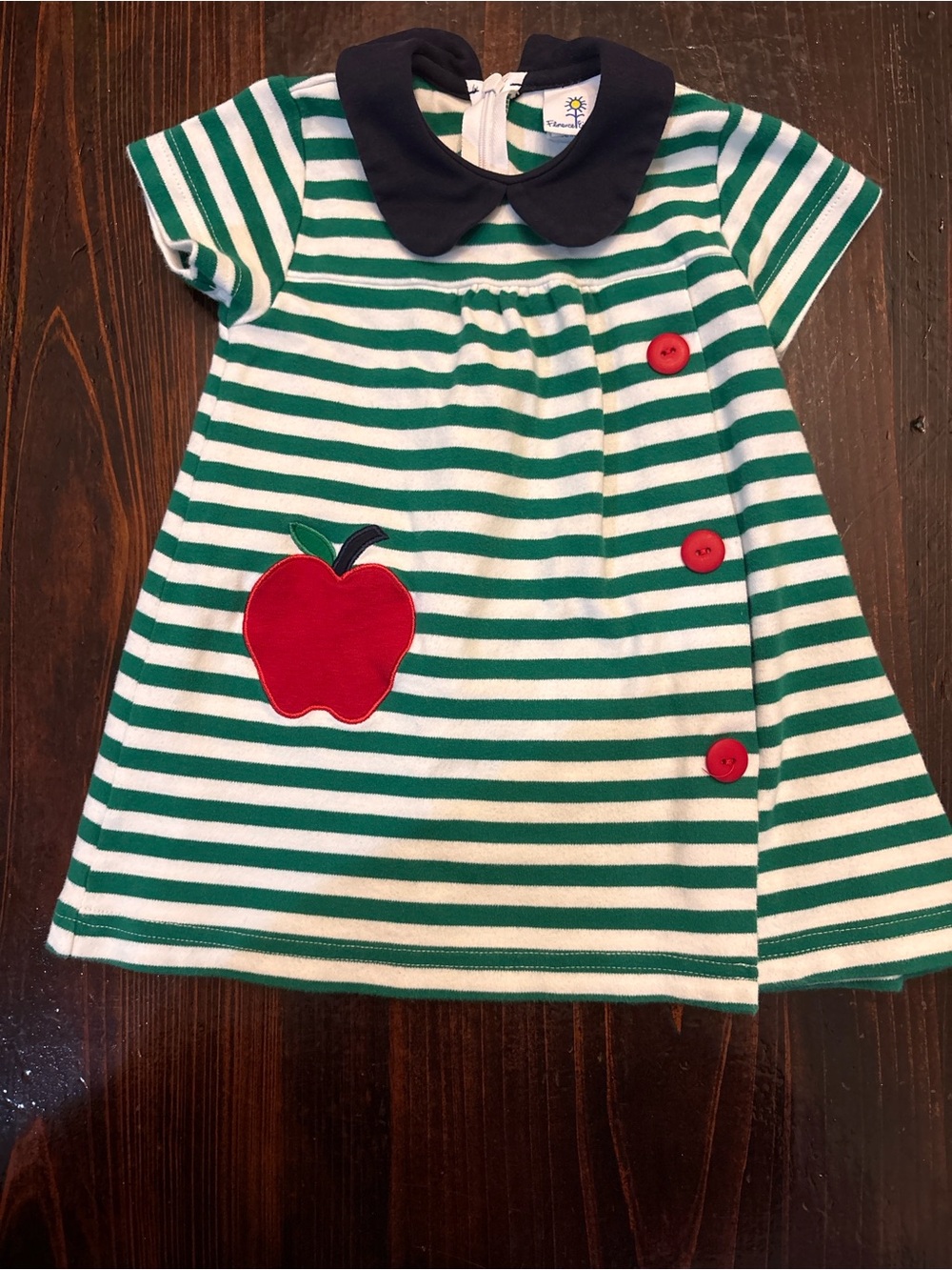 Florence Eiseman Green & White Striped Dress with Red Apple Applique